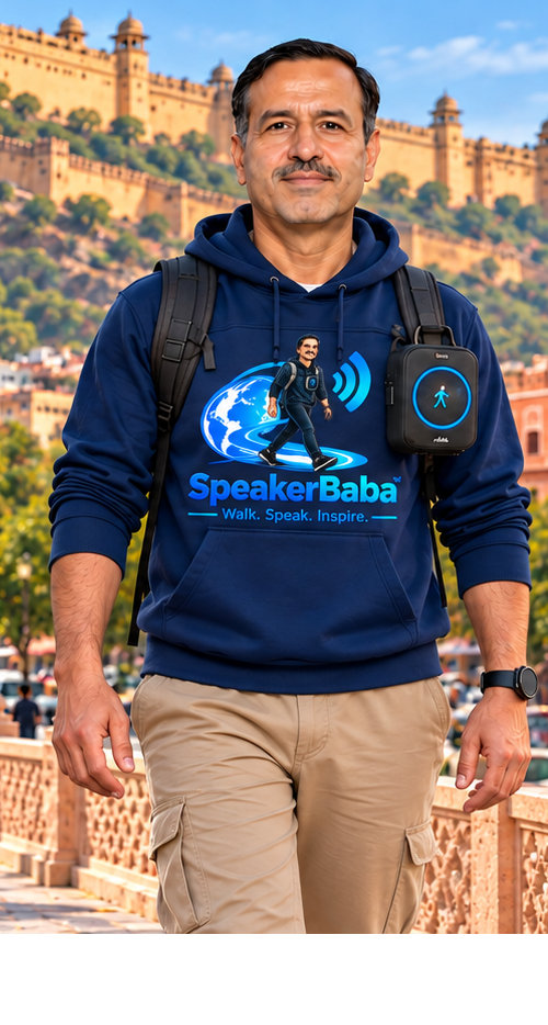 Person walking outdoors with speaker speaking confidently